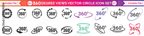 360 degrees vector icon set. Round signs with arrows rotation to 360 degrees. 360 degree complete angle or a full angle. 360 degrees logo, label, badge, symbol, banner, circle, black, line, isolated.