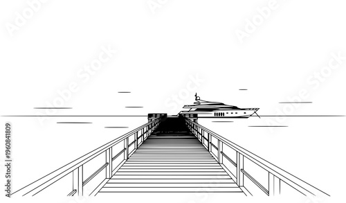 Minimalist seafront pier perspective with yacht vector line art in clean black and white style
