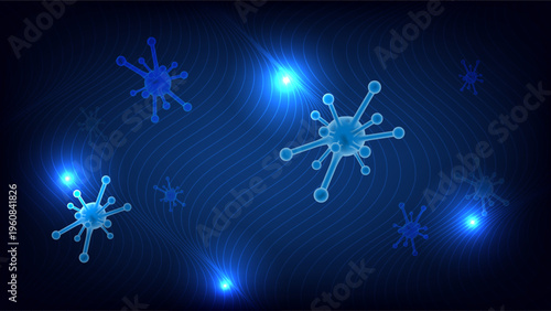 Digital illustration of blue virus cells floating on a dark background with neon wavy light flows and glowing sparks