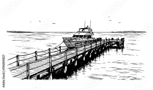 Seafront pier with yacht black and white vector sketch landscape with hand drawn ocean dock scene
