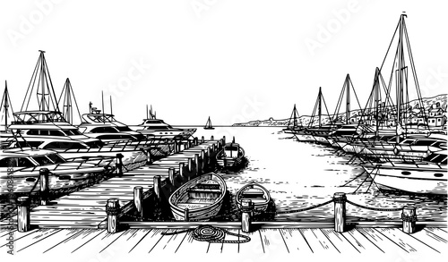 Vintage seafront pier with yachts black and white engraving vector detailed maritime landscape illustration