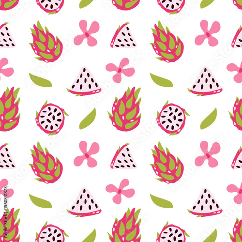 Vector pattern of dragon fruit on a light background. Exotic fruit, Pitahaya, fabric, pattern