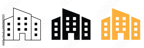 Fotografie Office building icon set with modern corporate architecture design in black and orange outline and solid flat styles for real estate business company and urban city property vector illustration