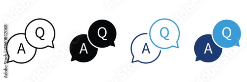 Questions and answers icon set with Q and A letters in speech bubbles for FAQ help desk support and customer communication.