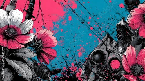 Stunning abstract composition featuring colorful daisy flowers with vibrant pink petals against a bold teal background with dynamic paint splatters and ic textures