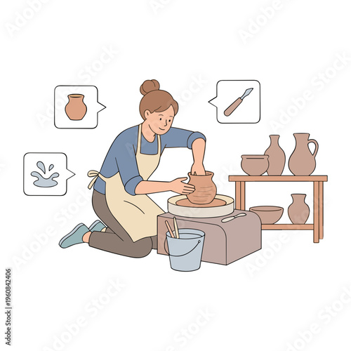A woman creates pottery on a wheel in a studio surrounded by vases and tools.