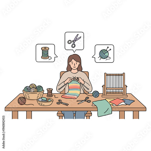 Woman sitting at a table, sewing colorful fabric with yarn and thread nearby