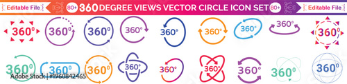 360 degrees vector icon set. Round signs with arrows rotation to 360 degrees. 360 degree complete angle or a full angle. 360 degrees logo, label, badge, symbol, banner, circle, black, line, isolated.