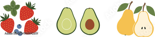Fruit illustration collection with strawberries, blueberries, avocado halves, pears sliced and whole, healthy food design, nutrition concept art, botanical motif