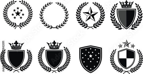 Heraldic emblem set, laurel wreaths, shields, crowns, stars, black and white design, prestige symbol, achievement icon, authority, tradition