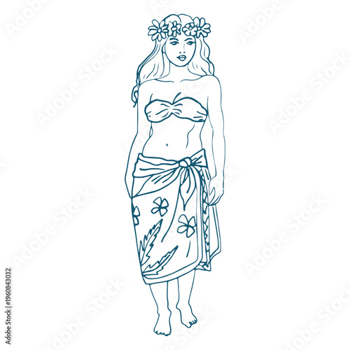 Hand drawn vector illustration of a Tahitian woman in a dress.