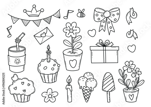 Outline Cute Party and Celebration Doodles Set. Birthday Gift Box, Cupcakes, Ice Creams, Bow, Candle, Garland and Potted Flowers Hand Drawn. Vector isolated Line Art Illustration on white Background.