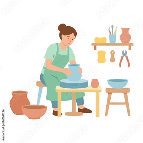A woman creates pottery on a wheel in a studio with various tools