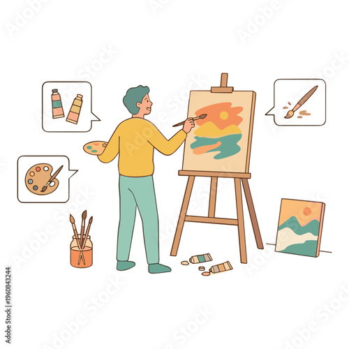 Artist painting landscape on canvas with brushes and paints nearby indoors
