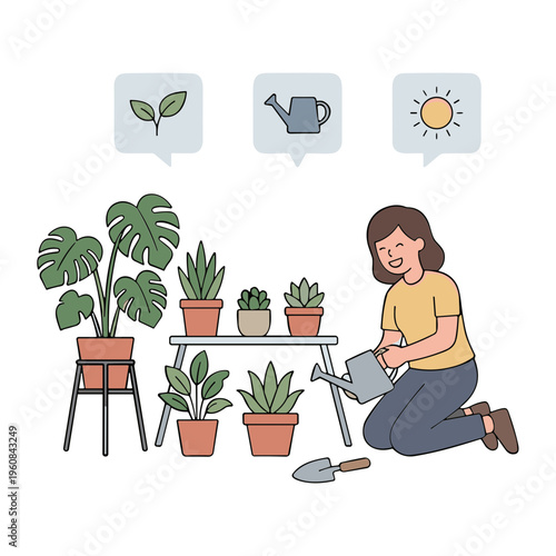 Woman gardening indoors with various potted plants on a table nearby