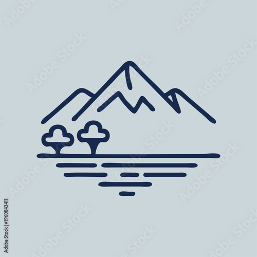 Logo agencia de viajes. Vacaciones de verano. Dibujo sencillo con líneas de un paisaje con una isla con montaña, árboles y olas