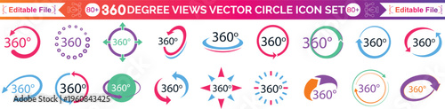 360 degrees vector icon set. Round signs with arrows rotation to 360 degrees. 360 degree complete angle or a full angle. 360 degrees logo, label, badge, symbol, banner, circle, black, line, isolated.