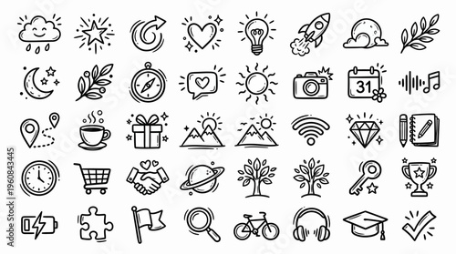 Comprehensive Hand-drawn Outline Doodle Icon Set with Weather, Nature, Business, and Technology Symbols on Isolated White Background