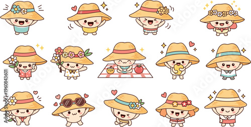 Cute straw hat characters collection with funny emotions and summer activities, kawaii sun hat mascots vector illustration set for kids and seasonal design