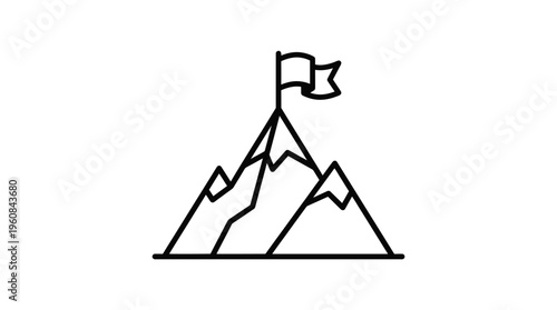 Mountain Peak with Flag Symbolizing Achievement and Reaching Goals, isolated white background