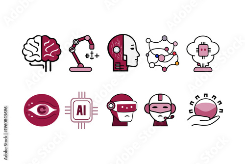 Computer Technology Icon Set – Modern Flat Line Collection. Clean vector icons represents AI systems, data structures and modern digital communication.