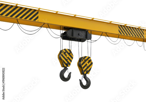 Industrial overhead crane with two hooks isolated on transparent background
