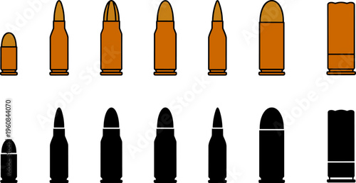 Ammunition cartridge comparison illustration, pistol rounds, rifle bullets, shotgun shell, orange outline cartridges, black silhouette icons, firearm ammunition types, vector design