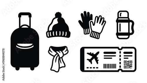 A set of black vector icons for winter travel or vacation. Includes luggage, warm clothes, and an airplane ticket. Perfect for tourism, holiday booking, and travel websites.