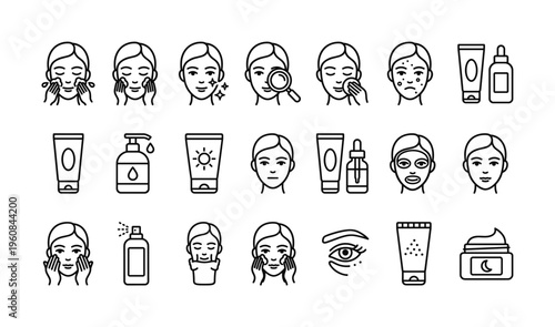 A set of minimalist line icons for skincare and beauty. Illustrates facial cleansing, treatment, and cosmetic products. Perfect for dermatology, spa, and beauty-related designs.