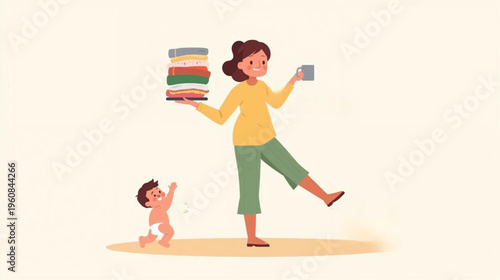 illustration of busy mom multitasking