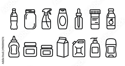 A versatile set of packaging and container line icons. Includes bottles, jars, and cartons for consumer products. Clean vector illustration for web, UI, and e-commerce design.