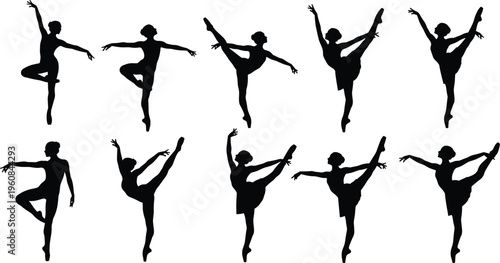 Ballet dancer silhouettes set graceful poses classical dance movement performance art vector illustration isolated black shapes collection elegant design