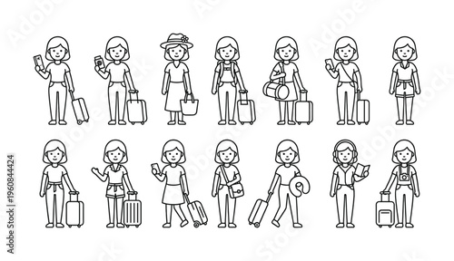 A set of line art icons showing a young woman traveler with luggage. Cute character for tourism, vacation, and airport concepts. Minimalist vector illustration.