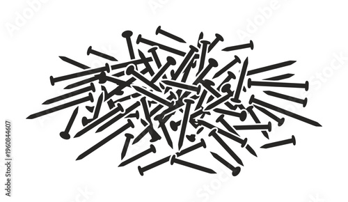 A chaotic pile of black hardware nails in a minimalist vector style. A simple graphic icon for construction, industry, building, or DIY projects and repair concepts.