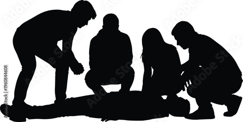 CPR rescue silhouettes first aid emergency response team helping victim life support training illustration isolated black shape collection