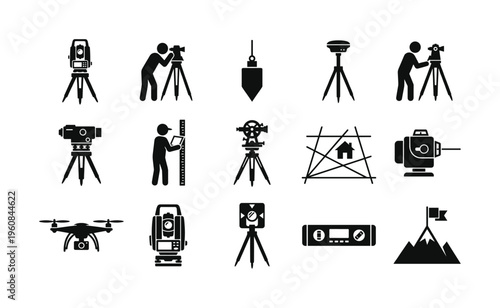 A collection of simple black vector icons representing land surveying and geodetic equipment. Includes theodolite, drone, and surveyor for engineering and construction.
