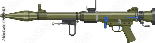 rocket, launcher, weapon, military, technical, drawing, flat, vector, illustration, equipment, army, bazooka, rpg, design, template, outline, side, view, detailed, gear