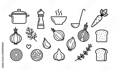 A collection of black line icons for cooking. Includes vegetables, spices, and kitchenware. Perfect for recipes, menus, and culinary blogs.