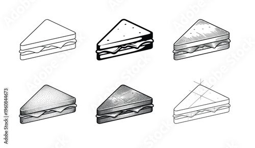 A set of six triangular sandwich illustrations. Each icon shows a different graphic style, from simple line art to detailed hatching. Perfect for menus, logos, and food branding.