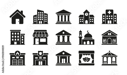 A collection of black solid glyph icons representing various city buildings and public services. Perfect for web design, apps, and infographics about urban life and real estate.