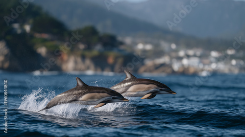 Split screen showing same dolphin pod using different vocalization patterns in two ocean regions demonstrating dialect variations in marine communication, ideal for cetacean linguistics research ima