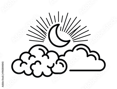 A simple black line art icon of a crescent moon shining above clouds. Minimalist vector illustration for weather, night, sleep, or mystical themes. Clean and modern design element.