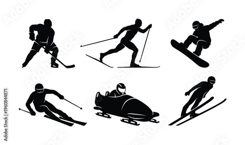 A dynamic set of black winter sport athlete silhouettes. Includes icons for hockey, skiing, snowboarding, and bobsleigh. Ideal for sports logos, events, or graphic design.