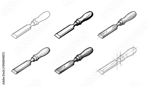 Set of six chisel illustrations in various technical and artistic styles like engraving, line art, and schematic. Perfect for woodworking, craft, or DIY project themes.
