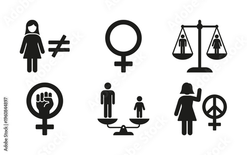Vector icon collection symbolizing gender equality, women's rights, and feminist movement concepts like protest and justice. Perfect for infographics and social media.