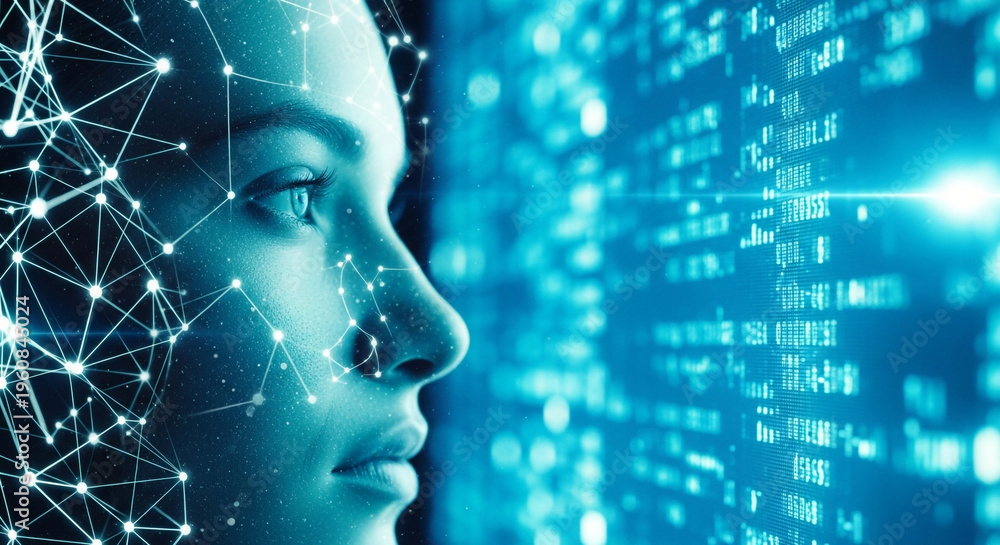 Obraz premium Woman analyzing futuristic digital data network with glowing blue tech interface