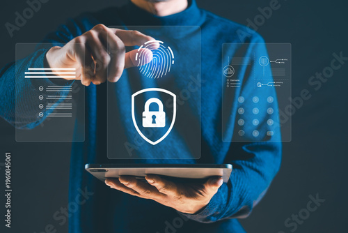 A futuristic cybersecurity concept featuring a person interacting with a tablet displaying a biometric fingerprint scan, secure login interface, and digital protection icons.