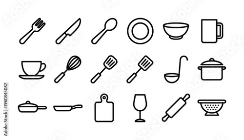 A collection of kitchen and cooking tools. This minimalist line icon set includes utensils, cookware, and tableware. Perfect for restaurant menus, recipe apps, and culinary websites.