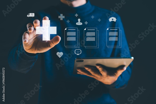 A modern healthcare concept featuring a person using a tablet with virtual medical icons, including a cross symbol, patient records, heart rate monitoring, and healthcare services.