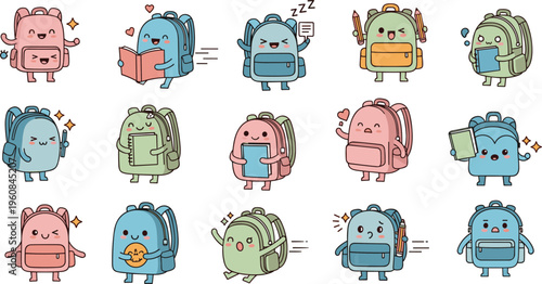 Cute backpack characters collection with funny emotions and school activities, kawaii student bag mascots in playful poses vector illustration set for kids design